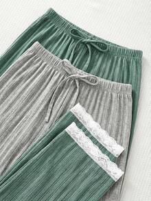 Women 100%Cotton 2pcs Lace&Ribbon Detail Casual Rib-Knit Sleep Long Bottom Set Cotton Loungewear - Multicolor - View 3