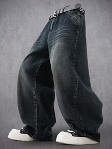 Manfinity Denimwave Jeans rectos de pierna suelta y lavados casual para hombres - Azul - Ver 3