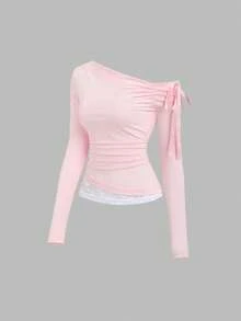 SHEIN Sweetro Women's Halloween Outfit, Thanksgiving Outfit, New Year Outfit, Suitable For Party, Commute, Daily, Travel, Vacation. Pink Top With White Lace Asymmetrical Hem, Ribbon Tie Bow Design, Cute Pleated Fitted Slanted Shoulder Long Sleeve Top - Pink - View 5