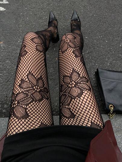 DAZY 女士提花渔网袜，性感镂空薄款黑色紧身裤，塑身打底裤