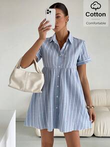 Siren Gaze Women's Button Front Short Sleeve Striped Casual Short Dress,Pastel Dresses For Women Summer - Blue and White - View 5