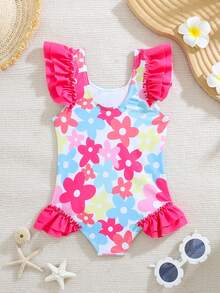 Cozy Pixies 女婴可爱碎花撞色荷叶边连体泳衣，夏季海滩度假休闲款 - 粉色 - 查看 2