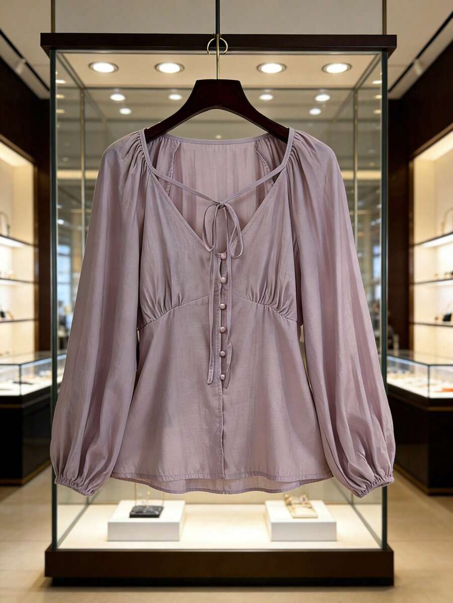 Modelyn French Design V-Neck Cinched Waist Tie-Up Top For Women - Dusty Pink - View 1