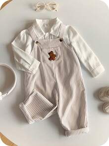 SHEIN 男婴休闲可爱百搭条纹卡通熊图案围兜连体衣 - 彩色 - 查看 8