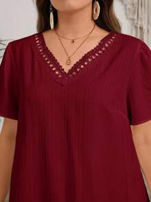 EMERY ROSE Plus Size Women Summer Casual Solid V-Neck Dress - Burgundy - View 8