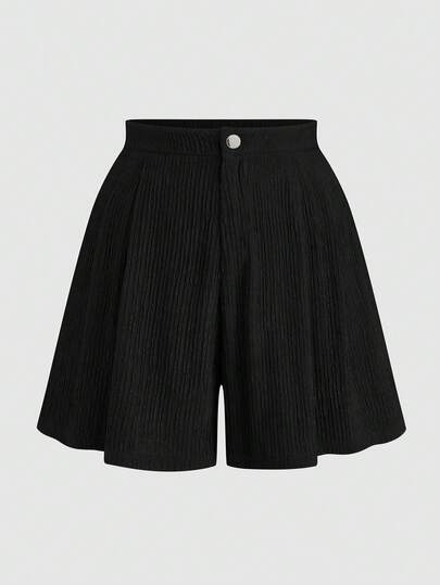 Sweetra Plus Size A-Line High Waist Black Flared Shorts, Elegant