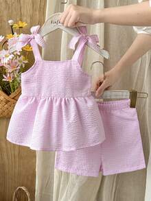SHEIN Vintaside Kids 2件套女婴幼儿/新生儿0-3岁春夏休闲日常可爱度假条纹蝴蝶结装饰吊带背心+短裤套装 - 粉色 - 查看 7