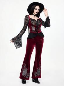 ROMWE Gothic Heart & Floral Embroidery Velvet Women's Set - Burgundy - View 1