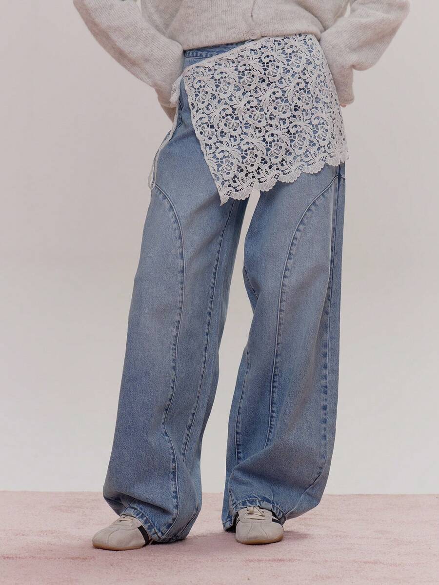 MUSERA Jeans con detalles de costura de pierna de barril, lazo de encaje superpuesto, lindos, femeninos y sexys para salir, primavera, invierno, uso diario, Pascua - Azul - Ver 1