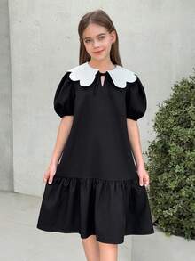 SHEIN 少女休闲可爱通勤上学彼得潘领黑白撞色泡泡袖连衣裙，春夏款 - 黑色 - 查看 5