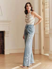 Anewsta 休闲水洗斜插口袋花卉刺绣直筒牛仔裤 - 灰色 - 查看 7