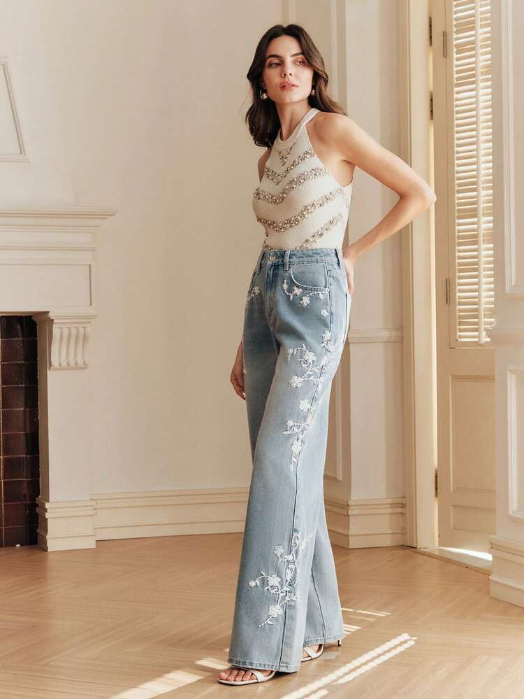 Casual Washed Slant Pocket Floral Embroidery Straight Leg Jeans Jeans Wide Leg Jeans With Designs Pearl Jeans Flower Jeans Rhinestone Denim