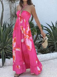 Sunnyshic 女士碎花多色吊带长裙，饰有金属纽扣，时尚优雅浪漫海滩度假装扮，性感迷人夏日连衣裙 - 玫紅色 - 查看 8