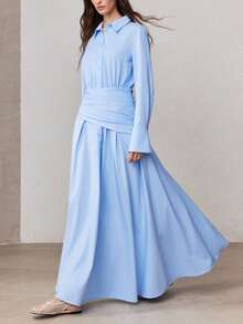 ZEYLAH 女士纯色裹身式修身A字长连衣裙，春季 - 藍色 - 查看 1