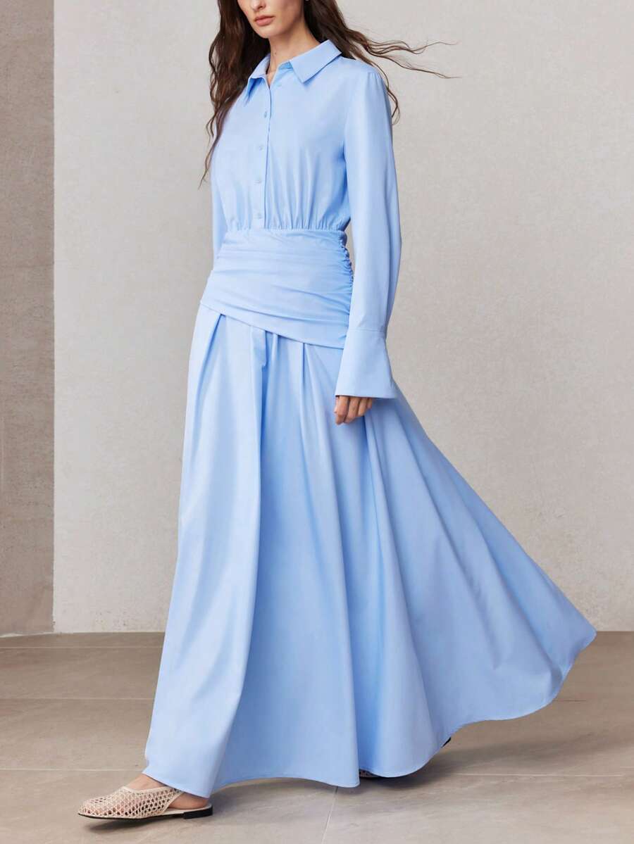 ZEYLAH Women's Solid Color Wrap-Style Fitted A-Line Long Dress, Spring - Blue - View 1