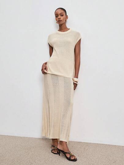 ATUI Studio Women's Casual Vacation Style Solid Color Cap Sleeve Knit Top And Skirt 2-Piece Set