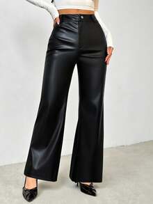 SHEIN Tall Women Solid Zipper Fly PU Flare Leg Pants - Black - View 8