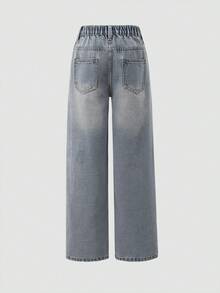 Denimly 男童休闲日常都市街头风弹力腰拉链口袋做旧设计直筒牛仔裤 - 中等水洗藍 - 查看 2