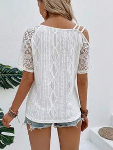 EMERY ROSE Women's Casual Lace Asymmetrical Shoulder Short Sleeve T-Shirt, Summer - White - View 2