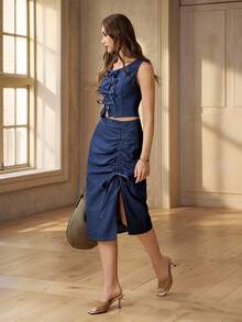 Selenza Elegant Casual Bow Tie Sleeveless Top With Elastic Waist Drawstring Skirt, Blue Washed Denim 2-Piece Set For Women - Dark Wash - View 6