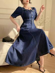 DAZY Women's Casual Washed Fake Pocket Square Neck Puff Sleeve Denim Dress, Summer - Dark Wash - View 4