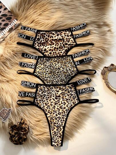 3pcs/Set Plus Size Women's Letter & Leopard Print Hollow Out Panties