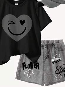 SHEIN Leap Crew 休闲街头时尚心形和脸部涂鸦印花，青少年女孩简约短袖上衣和短裤两件套，适合夏季 - 彩色 - 查看 4