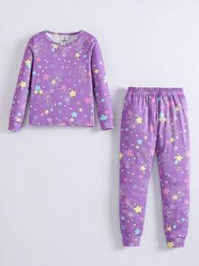 【6件套，随机发货3件】女童独角兽、爱心、蝴蝶、字母、花朵、云朵、星星印花长袖上衣和打底裤睡衣套装，可爱元素，适合甜美优雅的女孩日常居家穿着 - 彩色 - 查看 5