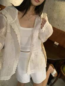 DAZY Women's Lightweight Floral Embroidered Drop Shoulder Hooded Jacket, Summer - White - View 2