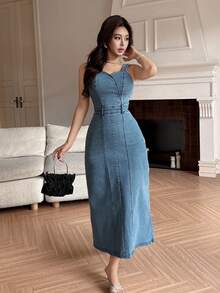 DAZY Women's Casual Washed Sleeveless Slit Denim Dress, Summer - Blue - View 6