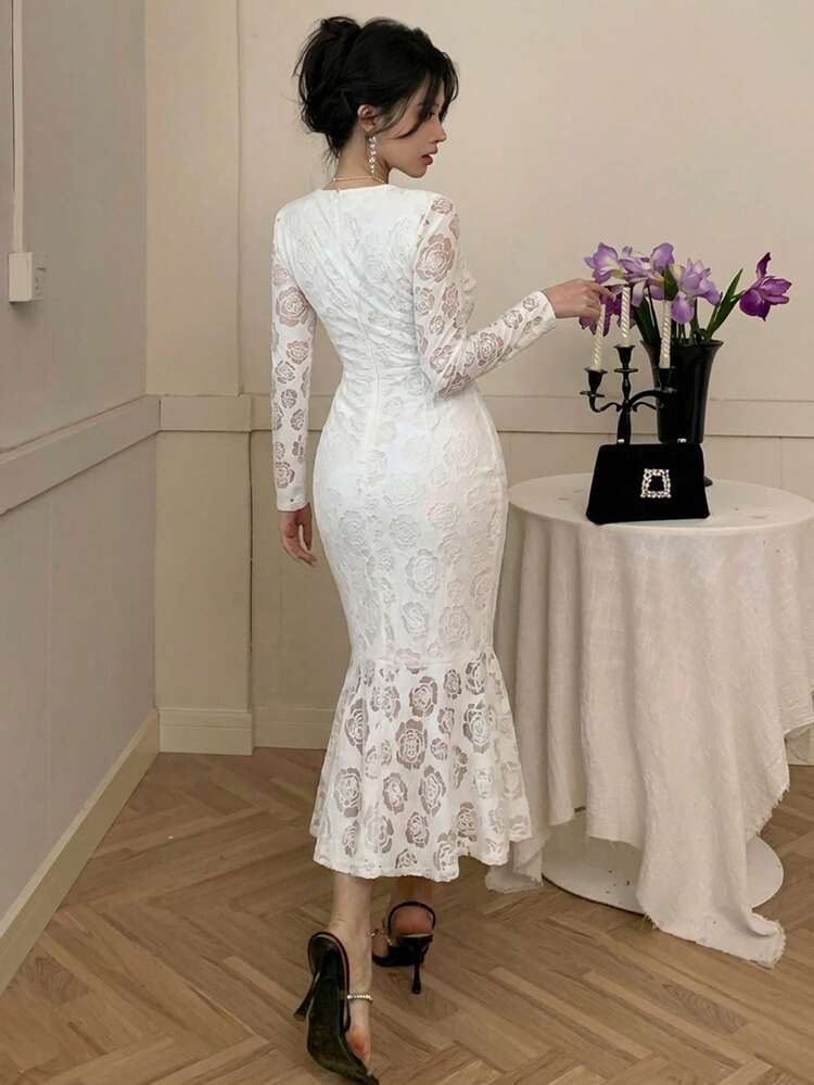 Elegant French Lace Dress, Waist Cinching, Flattering, High-End Look Maxi Dress Sundress