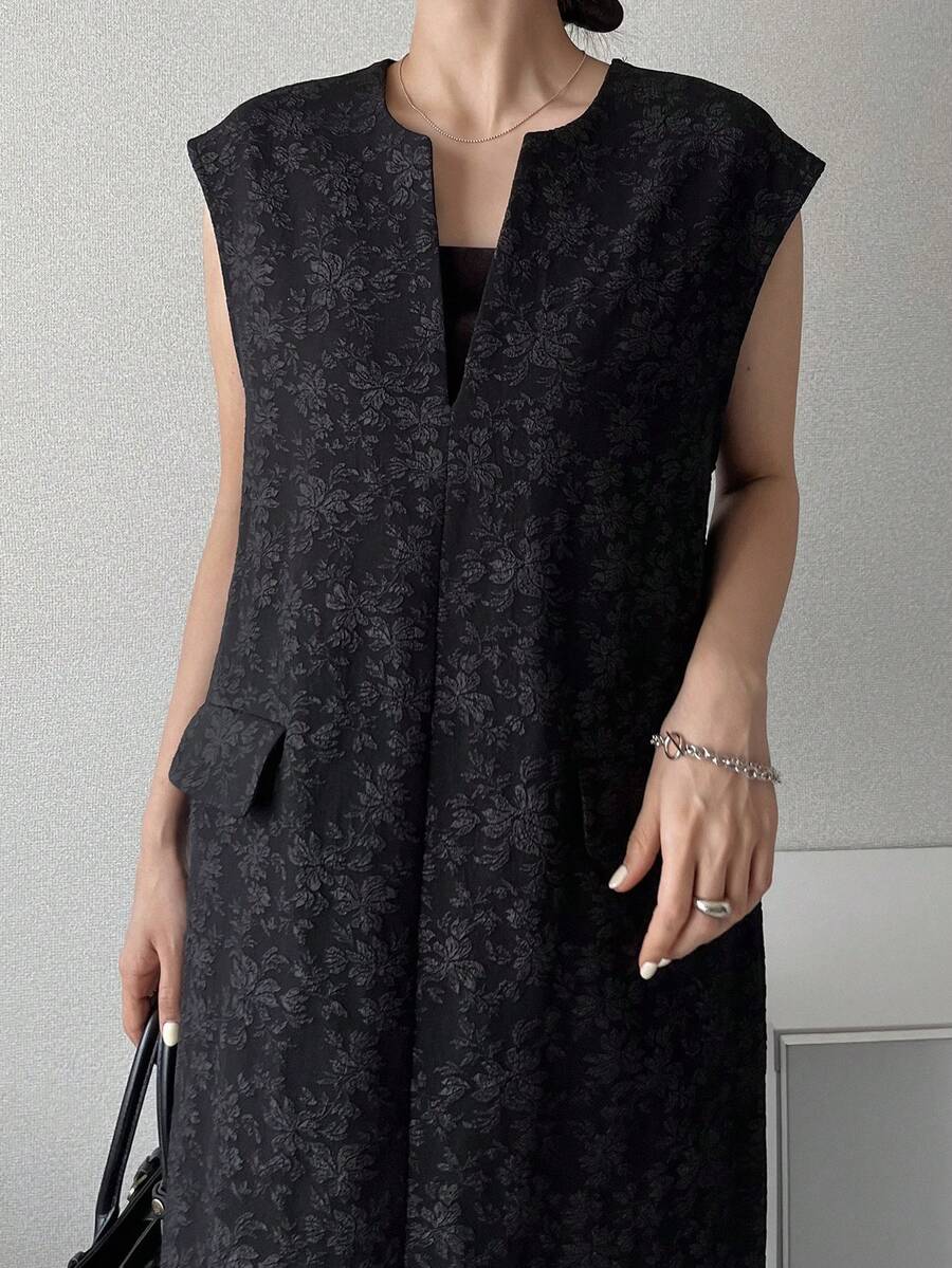 FRIFUL 女士无袖背心式叠层长款纹理面料连衣裙，夏季服装 - 黑色 - 查看 1