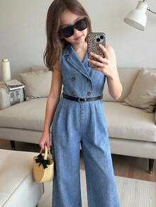 Young Girl' Blue Denim Sleeveless Loose Jumpsuit With Belt - Light Wash - View 1