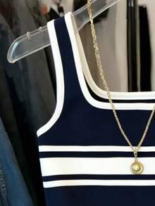 Resyla Women's Casual Knight Print Patchwork Striped Trim Fitted Tank Top, Summer - Navy Blue - View 3