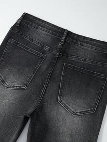 ROMWE MEN 男士休闲日常牛仔裤，带口袋、纽扣和水钻五角星贴片 - 黑色 - 查看 3