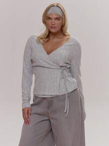MUSERA Ribbed Long Sleeve Wrap Around Tie Top Cute Cosy Spring Everyday Sugar Swizzle - Grey - View 1