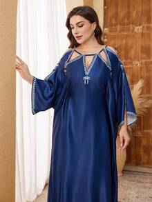 Al Najma Plus Size Lace-Up Hollow Out Shiny Graphic Print Dress Kaftan Jalabiya Dress - Blue - View 4