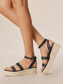 Styleloop Sandalias de cuña con plataforma para mujer, sandalias de cuña con plataforma casual de unicolor y tejido de moda con suela gruesa, sandalias de cuña de lona con correa de tobillo estilo bohemio retro, estilo de atuendo para fiesta del festival de música del oeste americano, atuendo de vacaciones, esencial de viaje - Negro 6 - Ver 6