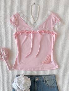 Comfortcana Women's Casual Contrast Color Lace Trim Tie Front T-Shirt, Summer Lace Trim Top Pink Babydoll Top Ruffle Top Sweetheart Neckline Tops Baby Pink Top - Pink - View 5