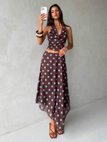 Aloruh 咖啡色和蓝色波点雪纺套装，性感海滩度假风垂褶领上衣+不对称下摆半身裙 - 彩色 - 查看 6