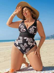 Swim Lushoire Plus Size Women's V-Neck Leaf Print Mesh Patchwork One-Piece Swimsuit, Suitable For Beach, Spring/Summer - Multicolor - View 6