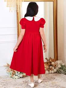 Tween Girl Spring/Summer Elegant Beaded Dress, Color Block Peter Pan Collar Puff Leg-Of-Gigot Sleeve Dress, Red Tween Girl - Red - View 2