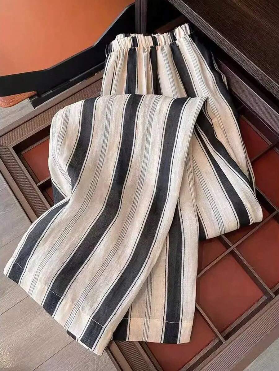 Franclia Women's Elastic Waist Striped Wide Leg Loose Casual Pants - Black - View 1
