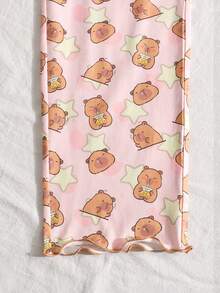 SHEIN 3pcs Tween Girls Casual Knit Pajama Set, Cute Cartoon Print Ruffle Trim Camisole, Long Pants & Shorts - Blue and White - View 3