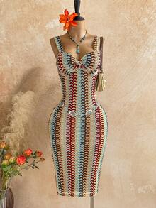 Soleia Vacation Knitted Texture Mid-Length Women Dress Crochet Dresses For Women Havana Nights Outfit Knitted Bathing Suit Picnic Dress For Woman Crochet Short Set Summer Spring Valentine's Day Casual Vacation  Beach Wedding Birthday Going Out Elegant Casual Vacation - Multicolor - View 1