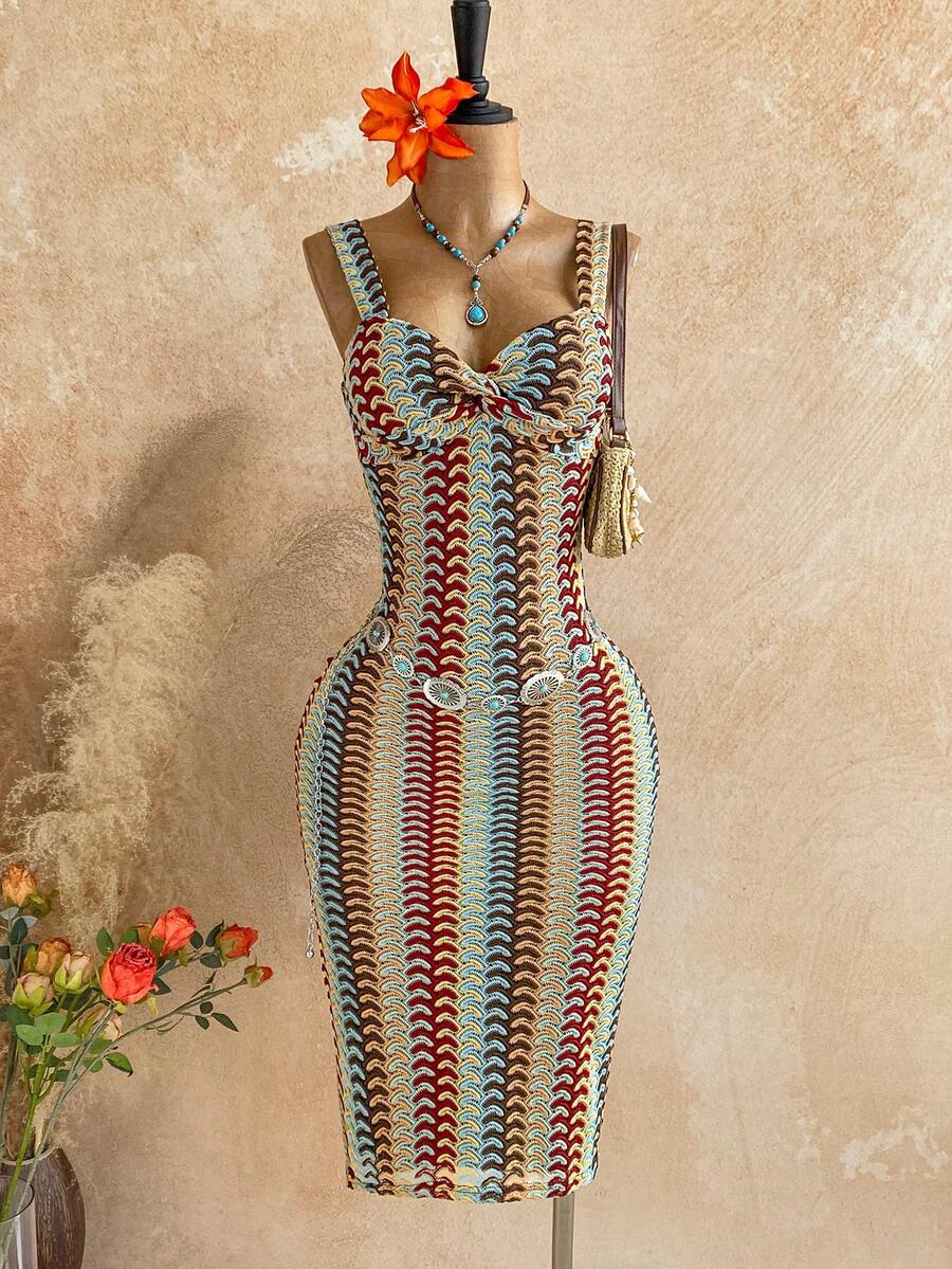 Soleia Vacation Knitted Texture Mid-Length Women Dress Crochet Dresses For Women Havana Nights Outfit Knitted Bathing Suit Picnic Dress For Woman Crochet Short Set Summer Spring Valentine's Day Casual Vacation  Beach Wedding Birthday Going Out Elegant Casual Vacation - Multicolor - View 1