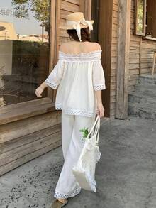 DAZY 两件套女士重工蕾丝拼接露肩上衣和阔腿裤套装 波西米亚风度假装 - 杏色 - 查看 2