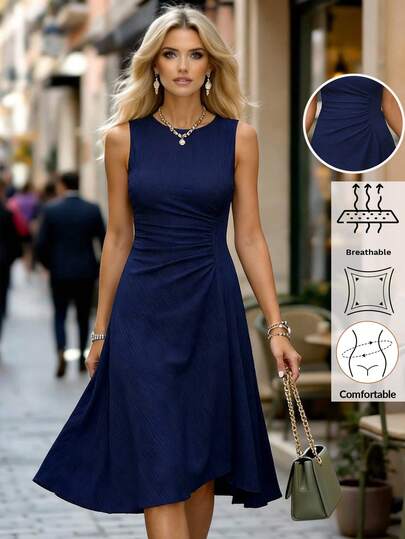 Editum 女士新款优雅圆领纯色柔软紫色荷叶边下摆百搭迷你连衣裙，适合约会、下午茶、情人节、生日、家庭聚会等场合。