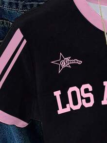 Áo thun in họa tiết phối màu cổ điển, kiểu dáng thường ngày, chữ "LOS ANGELES", phong cách đường phố, cổ tròn, tay ngắn, dáng lửng, cạp cao, thích hợp cho mùa hè, mặc hàng ngày, đi học, mặc đôi với chị em, đi nghỉ mát, ngày Valentine. - Nhiều màu - Xem 4