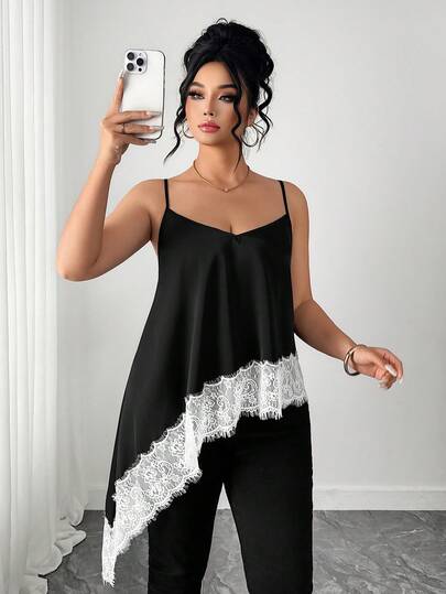 Elenzga 大码女式纯色蕾丝边吊带背心，优雅适合外出和约会